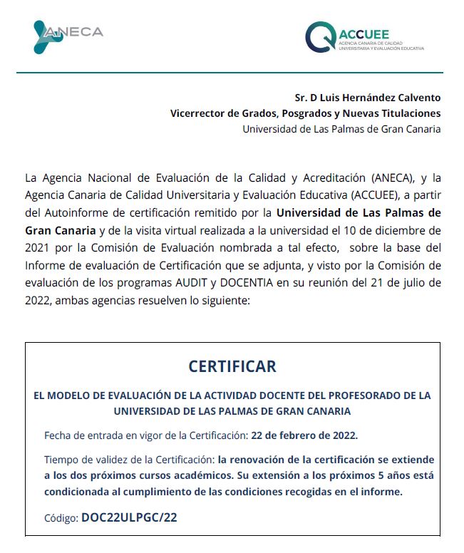 Certificado ANECA Programa DOCENTIA-ULPGC